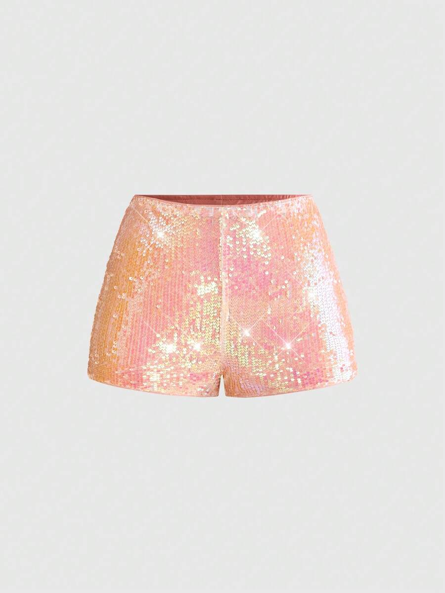 ROMWE Grunge Punk Plus Size Women's Sequin Embellished Shorts, Fashionable Party & Holiday Style - Orange - View 1