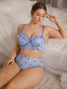 DelicateAllure 2 piezas Conjunto de sujetador de talla grande con copa moldeada, aros, inserto de malla, ribete de volantes, acento de lazo, levantamiento y realce, estampado de rayas - Azul - Ver 5
