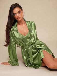 Silquee Women's Solid Color Lace Patchwork Camisole Dress And Long Sleeve Robe Pajama Set - Olive Green - View 7