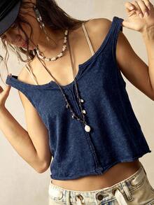 Bohemela Women's Solid Color Round Neck Sleeveless Simple Distressed Washed Tank Top, Casual Vacation,Summer Top - Navy Blue - View 5