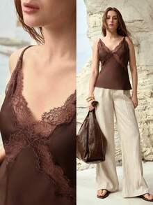 MOTF PREMIUM TOP CAMISERO DE SATÉN CON ENCAJE CONTRASTANTE - Café integral - Ver 7