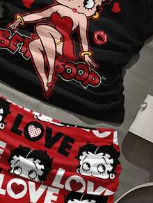Attitoon Betty Boop x SHEIN 休闲简约日常家居服，心形蕾丝英式印花图案，蕾丝吊带背心和褶皱短裤两件套，适合夏季穿着 - 彩色 - 查看 3