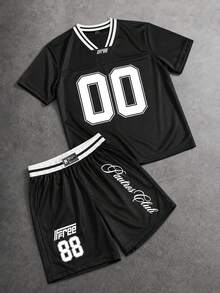 PAVTROS Bộ 2 món áo jersey bóng đá Mỹ phong cách retro nam, phong cách Y2K Millennium, áo thun cổ chữ V và quần short lưng dây rút, in chữ và số đồ họa, phù hợp cho nhảy đường phố, lễ hội âm nhạc, mặc thường ngày, set đồ, quà tặng sinh viên - màu đen - Xem 3