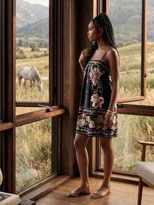 CAJUNI Đầm ngắn họa tiết hoa phong cách boho, kiểu dáng nhiệt đới, thích hợp cho kỳ nghỉ. - Nhiều màu - Xem 5