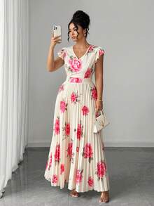 Elenzga Đầm maxi cỡ lớn in hoa hồng cho nữ, đầm dài xếp ly cổ chữ V bồng bềnh thanh lịch, đầm dạ hội dự tiệc cưới, đầm maxi xếp ly hoa cỡ lớn thanh lịch, đầm màu kem nền in hoa hồng hồng cổ chữ V bồng bềnh, thích hợp cho tiệc cô dâu/kỳ nghỉ biển/tiệc cocktail. - Hồng - Xem 5