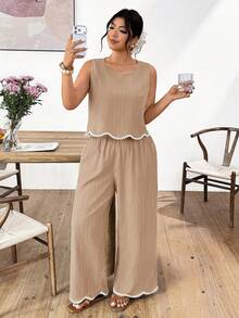 Lounesse Plus Size Contrast Trim Sleeveless Top And Pants 2 Pieces Set - Apricot - View 1
