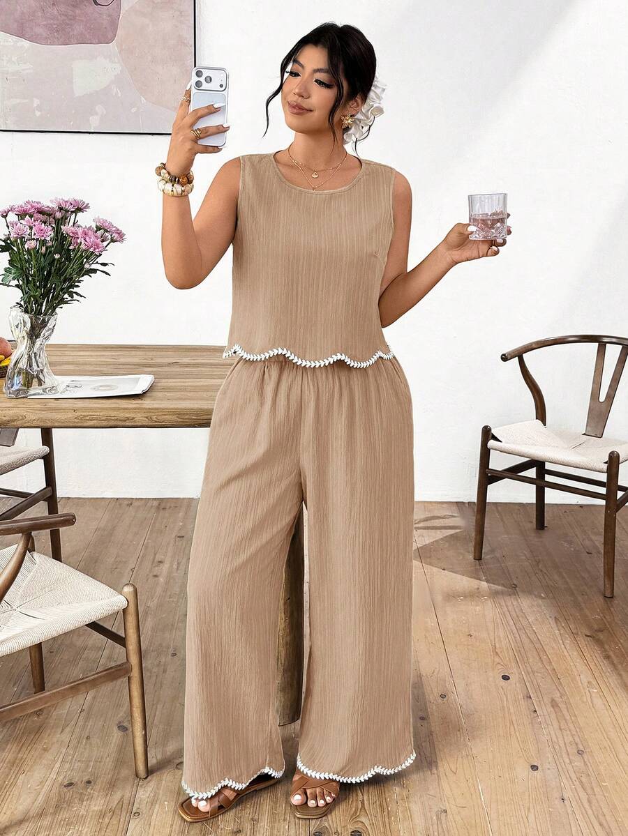 Lounesse Plus Size Contrast Trim Sleeveless Top And Pants 2 Pieces Set - Apricot - View 1