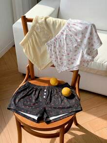 Comfortcana 3件組夏季針織低腰短褲家居休閒褲 奶油黃、粉色花卉、黑色花卉櫻花可愛居家睡褲 - 彩色 - 查看 5