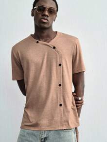 ROMWE MEN Street Life Men's Solid Color Casual Versatile Daily Wear Short Sleeve T-Shirt - Brown - View 1