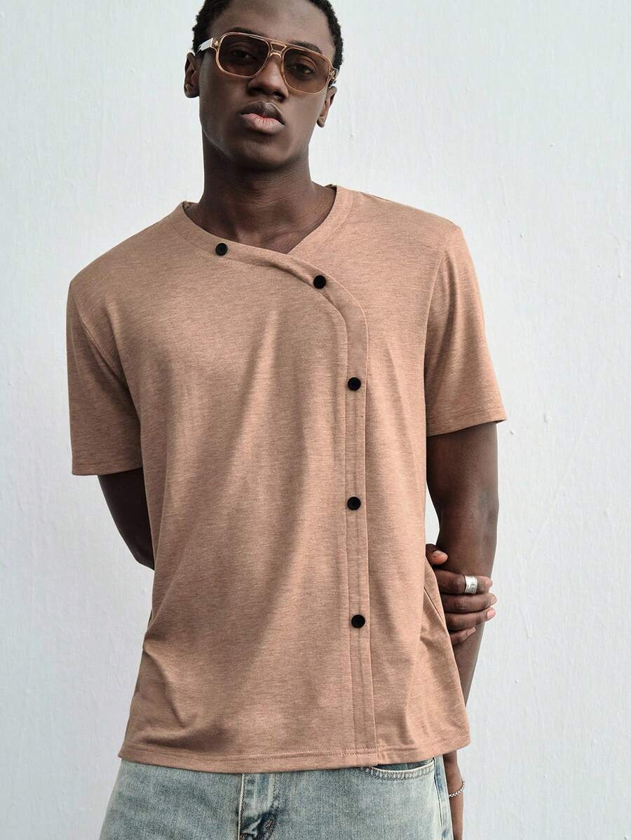 ROMWE MEN Street Life Men's Solid Color Casual Versatile Daily Wear Short Sleeve T-Shirt - Brown - View 1