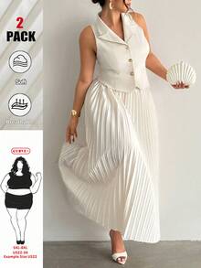 SHEIN CURVE+ 优雅、精致、浪漫、简约、端庄、时尚、通勤、都市、别致新款翻领金属扣腰身修身背心和百褶长裙米色两件套，适合大码女性，夏季套装 - 白色 - 查看 2