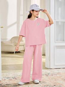 SHEIN 2pcs/Set Tween Girls Casual Loose Comfortable Round Neck Short Sleeve T-Shirt And Pants Set - Pink - View 7