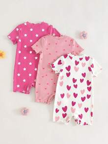 SHEIN 3pcs Baby Girl Knitted Star & Heart Pattern Ruffle Collar Casual Romper Set - Multicolor - View 2