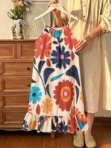 SHEIN Girls' Beige Tropical Beach Vacation Camisole Printed Dress,Vibrant Floral Loose A-Line Fit Ruffled Hem Breathable Fabric Spring Summer Outfit - Multicolor - View 2