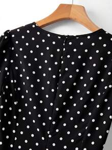 SHEIN Franclia 女士梭织波点圆领短袖A字优雅长款夏季连衣裙 - 黑色 - 查看 5