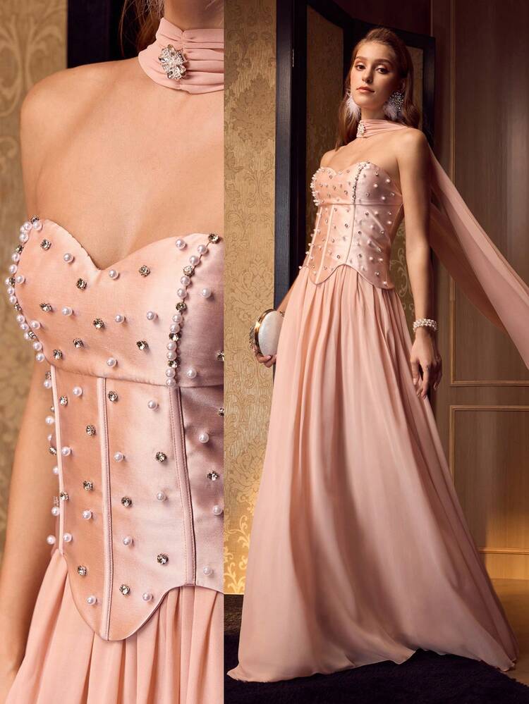 MOTF Soiréza 女性用取り外し可能な超ロングケープ ストラップレス フロアレングスのイブニングドレス、スパークリングパール&ダイヤモンド装飾、サテンシフォンパネリング、ユニークな構造的デザイン、バックタイクロージャー&フィッティングシルエット、ウェディング、ガラ、フォーマルパーティーに最適