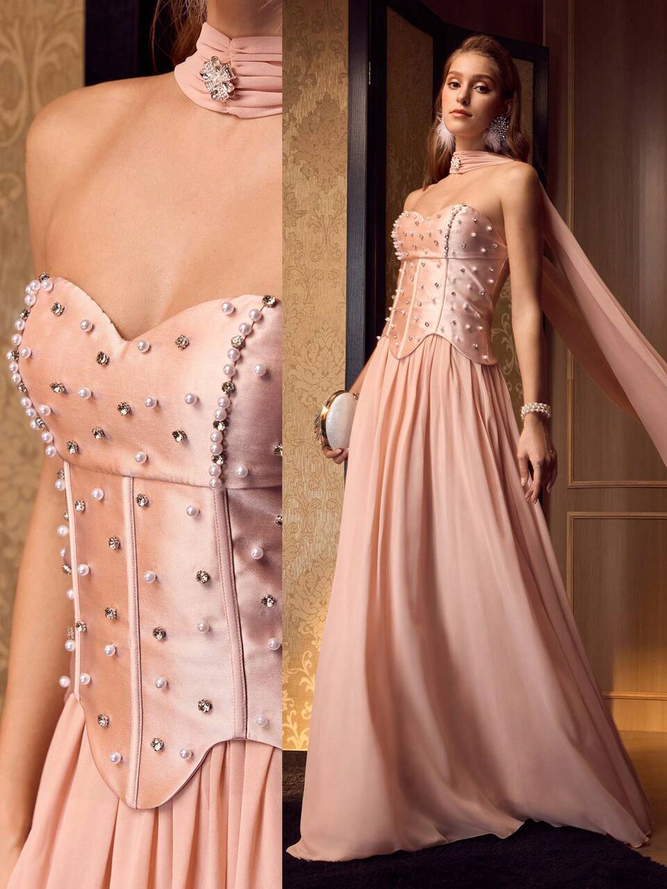 MOTF Soiréza WOMEN'S DETACHABLE EXTRA-LONG CAPE STRAPLESS FLOOR-LENGTH EVENING FORMAL PROM GOWN, SPARKLY PEARL DIAMANTE EMBELLISHED, SATIN-CHIFFON WEDDING