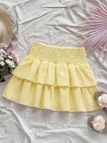 SHEIN Rok A-Line Bergaris Kuning & Putih dengan Lipatan di Pinggang untuk Anak Perempuan Remaja - Kuning - View 4