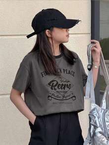 Dazy Kids 少女休闲日常通勤时尚标语印花宽松T恤，夏季 - 灰色 - 查看 3