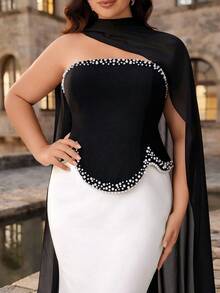 Aureia Vestido de noche elegante de talla grande con bloques de color negro y blanco, tela elástica, sin tirantes, con adorno de cuentas y corte de sirena, con capa de gasa para invitada de boda, dama de honor, baile de graduación y ocasiones formales - Blanco y Negro - Ver 7