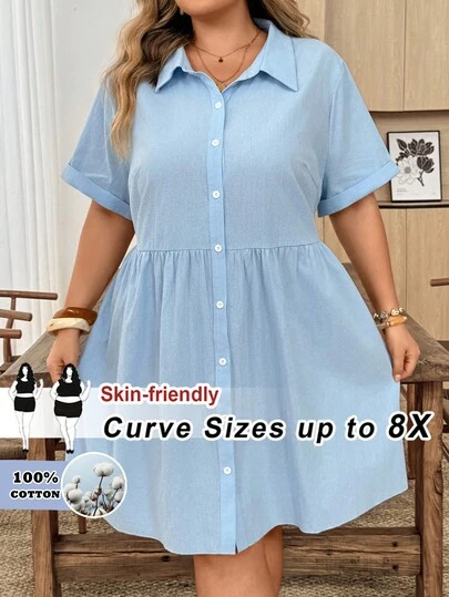 SHEIN CURVE+ Plus Size Summer Doll Collar Blue Shirt Dress, Suitable For Commuting, Vacation And Home Wear