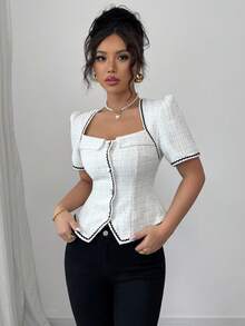 Elenzga Women Elegant Fitted Color Block Wave Patterned Short Sleeve Blouse - White - View 8