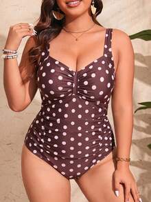 Swim Mod Plus Size Polka Dot Print Ruched Bust One-Piece Swimsuit - Coffee Brown - View 4