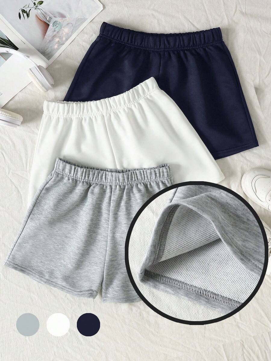 SHEIN 3件套少女海军蓝、白色、灰色弹力腰针织宽松短裤，四季皆宜，适合返校、居家休闲、简约纯色运动短裤 - 藏蓝色 - 查看 1