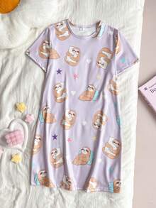 Girls' Elegant Purple Base Cute Sloth Print Long Sleeve Nightgown Loungewear - Purple - View 2
