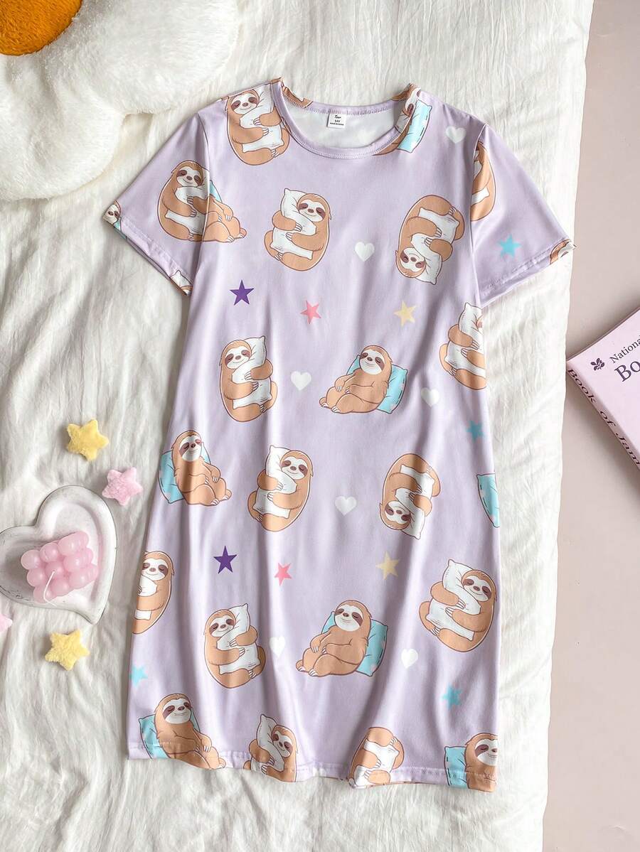 Girls' Elegant Purple Base Cute Sloth Print Long Sleeve Nightgown Loungewear