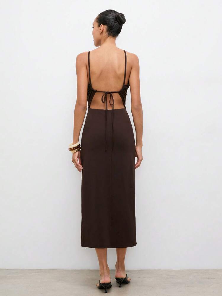 SHEIN Maija Mid-Length Dress, Waist Cinched, Fitted, Hollow-Out Tie Design, Wooden Beads, Suitable For Beach Vacation Vacation Vacation Dark Brown Summer,Dresses For Women Summer