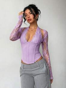 Aloruh 女款新款浪漫蕾絲優雅迷人性感蕾絲拼接鏤空長袖緊身上衣，適合約會、夜店、派對 - 紫丁香色 - 查看 6