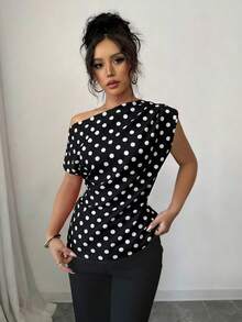SHEIN Elenzya 波點不對稱肩無袖女式上衣，優雅通勤襯衫 - 黑與白 - 查看 5