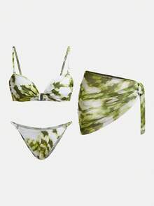 Maija Women's Summer Vacation Beach Allover Print Ruched Spaghetti Strap Bikini Set With Cover-Up And Skirt Bathing Suits For Women - Green - View 6