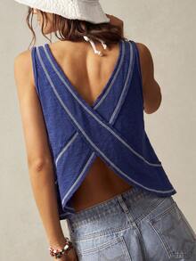 Bohemela Women's Solid Color V-Neck Asymmetrical Hem Knit Vest,Summer Top - Navy Blue - View 7