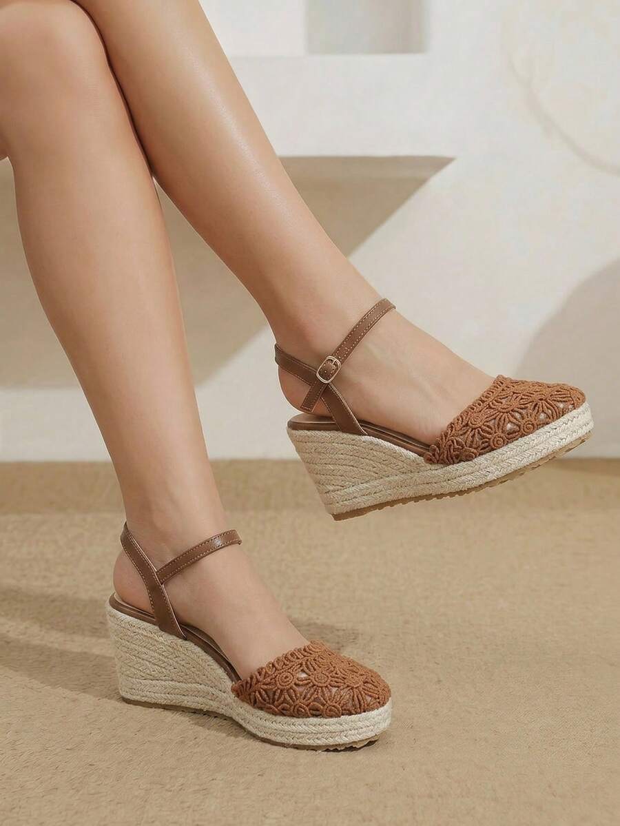 Styleloop Women's Shoes, Brown, Woven Hemp Rope Straw Shoes, Wedge Heel Platform Sandals, Height-Enhancing Holiday Bohemian Wear - Brown - View 1