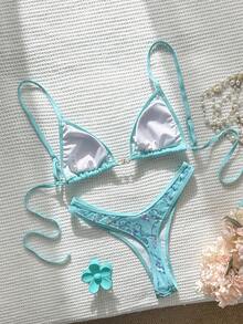 Swim Mod Springbreak 2pcs/Set Summer Vacation Random Animal Print Top And High Cut Sexy Bikini Bottoms - Mint Blue - View 2