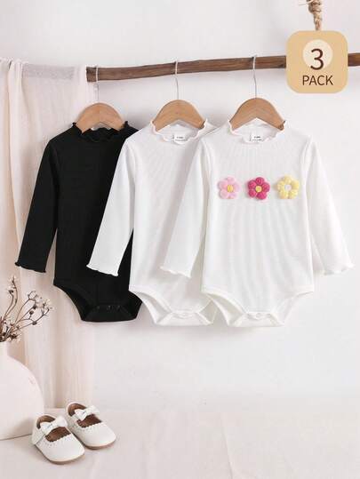 SHEIN LMoss Kids Bộ 3 món đồ liền thân dệt kim ấm áp màu trơn có bèo nhún cho bé gái sơ sinh LMoss, mùa thu