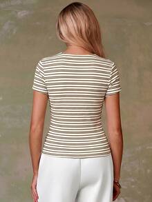 Athîral Damen gestreiftes Kurzarm-Casual-Top mit Einzelknopfleiste - Aprikosenfarben - Übersicht 2