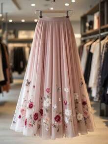 GlowEve CURVE Große Größen Damen Blume Muster A-Linien Rock, französisch elegant minimalistisch energiegeladen mädchenhaft romantischer Rock - Pink - Übersicht 1