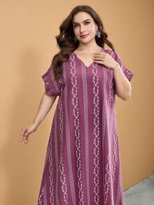 Al Najma Plus Size Printed Tassel Maxi Casual Dress For Women - Dusty Pink - View 4