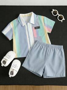 SHEIN 2件套男婴夏季休闲韩版可爱条纹拼接短袖上衣和松紧腰短裤套装，适合夏季穿着 - 彩色 - 查看 5