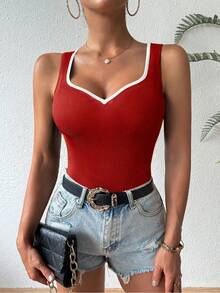 Chiquease Contrast Color Heart Collar Sleeveless Fitted Tank Top - Red - View 1