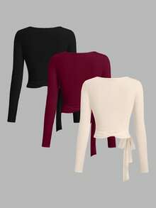 Sweetra Bộ đồ 3 món thời trang Xuân/Hè mới kiểu Âu Mỹ, gợi cảm, tối giản, năng động, thể thao, tập gym, co giãn, mềm mại, mở phía trước, buộc dây, cổ chữ V, tay dài, dáng ngắn, màu trơn, thanh lịch, thích hợp cho công sở. - Nhiều màu - Xem 2