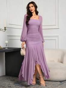 Feyla Women's Solid Color Mesh Splicing Pleated Casual Elegant Long Dress Dinner Mauve Purple Autumn - Lilac Purple - View 7