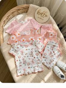 6pcs/Set Baby Girl Cute Cartoon Bear & Floral Print Ruffle Trim Round Neck Short Sleeve Pants Casual Comfy Knitted Pajamas Set - Pink - View 8