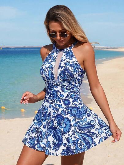 Swim Lushoire Women's Hollow Out Sleeveless Floral Print Beach Dress For Summer