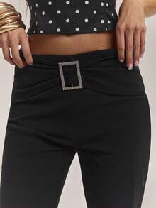 SHEIN BAE Women's Solid Color Metal Decor Casual Versatile Daily Wear Flare Pants - Black - View 7