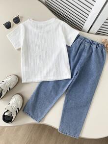 Playful Pals Young Boys Casual Jacquard Knit Short Sleeve T-Shirt And Denim Pants Set, Spring/Summer Outfit - White - View 2