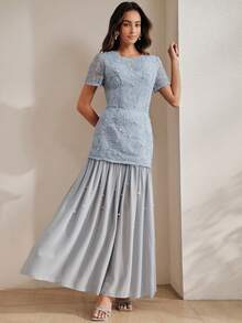 Anewsta Conjunto elegante de verano para fiesta, top con rosas 3D y cuentas combinado con falda de malla con patchwork, conjunto de 2 piezas azul para mujer, adecuado para fiestas, banquetes y bodas - Azul - Ver 8